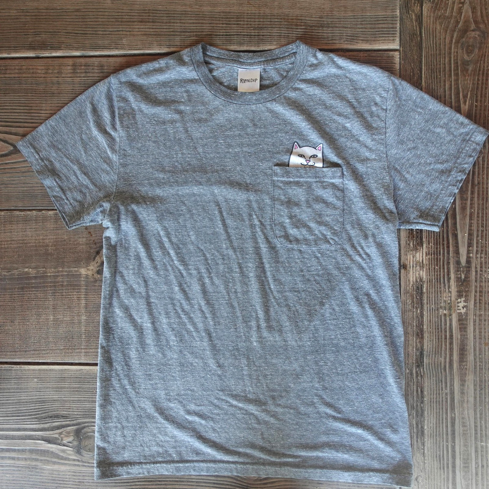 RIPNDIP Shirt Small Gray‎ Lord Nermal Cat Middle Finger Pocket Street Skate Tee
